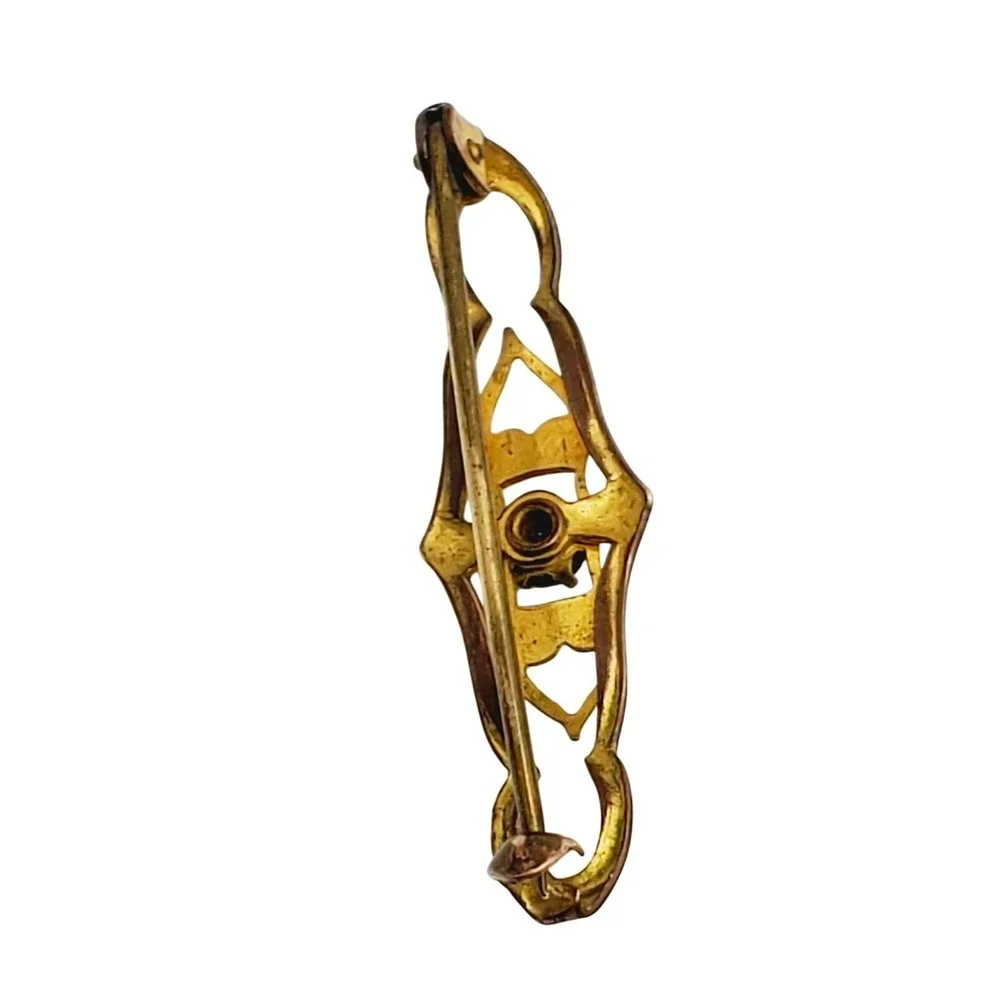 Antique Bar Pin Gold Tone Green Rhinestone Filigree Brooch Victorian Revival Vtg